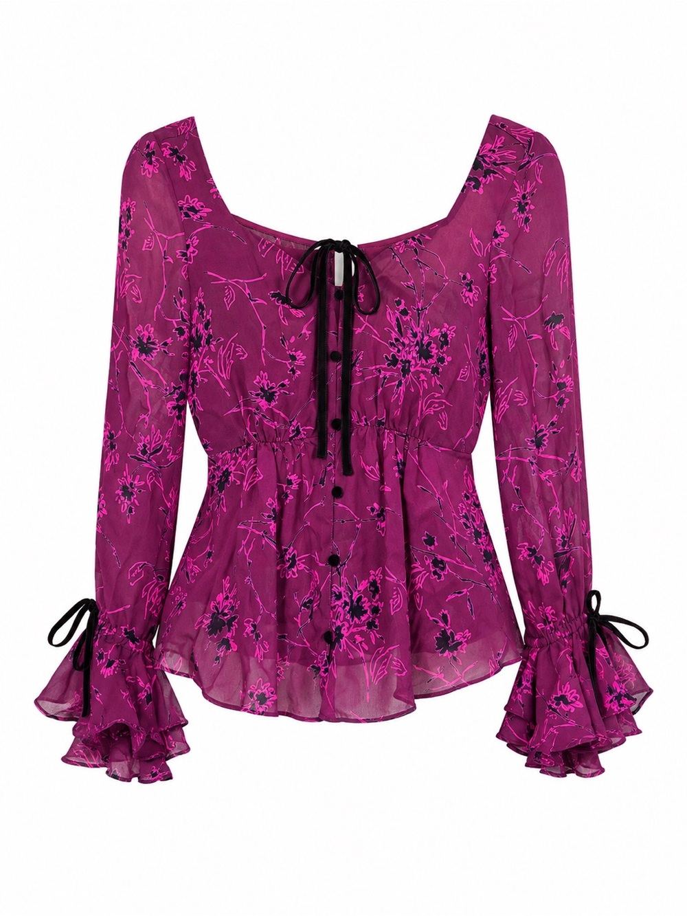 cinq a sept Magenta Floral Tie-Neck Peplum Blouse